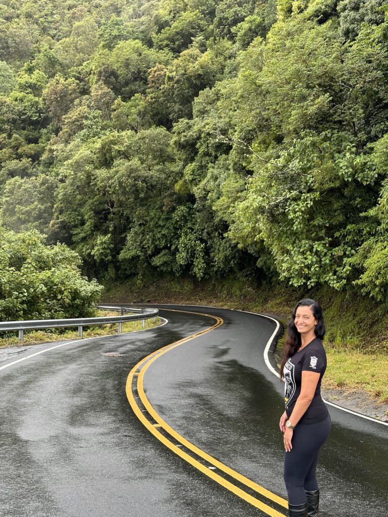 Uma das 284 curvas da Serra do Rio do Rastro, com o asfalto molhado